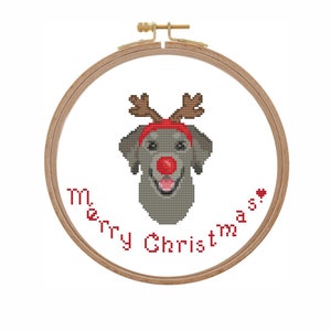 Christmas silver retriever labrador cross stitch pattern modern PDF Dog puppy cross stitch small counted Dog face portrait lab