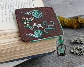 Dark academia bookmark with charm Handmade corner bookmark Bookish gift for botanist Woodland hand embroidered book mark with gemstones