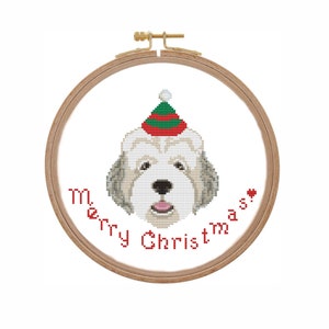 Old English Sheepdog Kersthond kruissteek patroon ornament Kerstmuts Kleine gemakkelijke Kerst kruissteek PDF Modern Feestelijk portret
