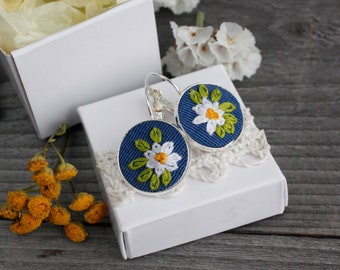 Small cottagecore earrings Blue daisy earrings Wildflower earrings Wildflower jewelry Hand embroidered earrings