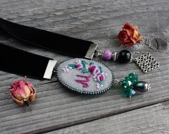 Velvet ribbon bookmark with charm Peonies purple green personalized floral bookmark monogram Gemstone bookmark for Bible Custom letters