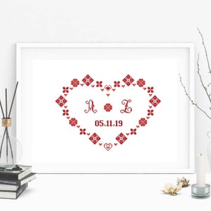 Anniversary cross stitch pattern personalized Wedding date sampler cross stitch Customazible couple initials Modern heart pattern monogram