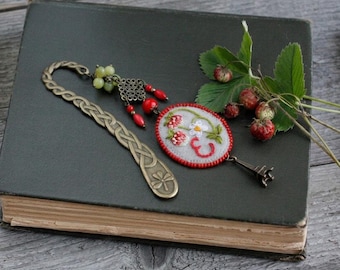 Beaded custom letter strawberry  bookmark with initial Handmade metal book mark for women monogrammed April birthstone gift for reading mom