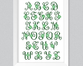 Irish clover cross stitch pattern Calligraphy font alphabet sampler PDF instant download ABC Shamrock script Capital letter embroidery chart