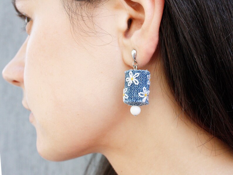 Daisy earrings dangle Denim recycled jewelry