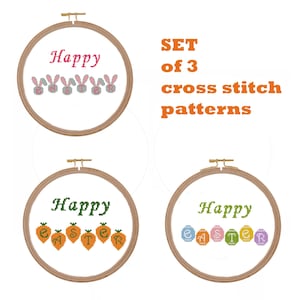Patrón de punto de cruz de tarjeta de Feliz Pascua en PDF Huevo de Pascua moderno simple Punto de cruz contado Punto de cruz cursiva pastel Alfabeto de primavera xstitch