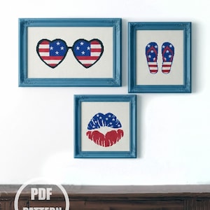4th of July cross stitch stars and stripes American patriotic cross stitch counted modern Easy lips sunglasses flip flops easy simple chart