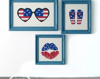 4th of July cross stitch stars and stripes American patriotic cross stitch counted modern Easy lips sunglasses flip flops easy simple chart