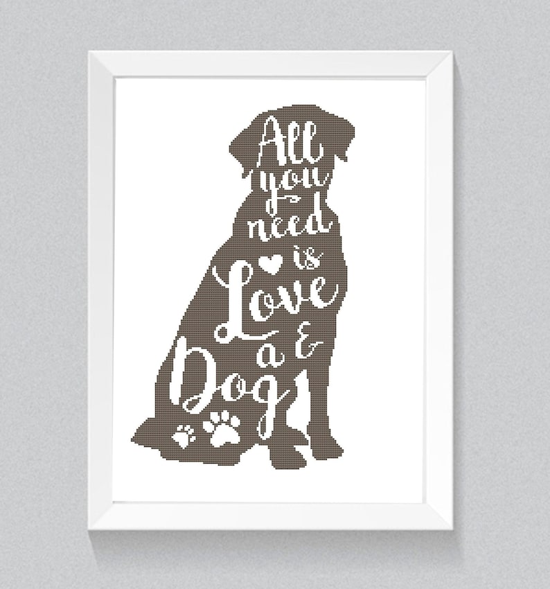 All you need is love cross stitch pattern Simple modern count cross stitch chart Dog silhouette Xstitch Easy one color pattern PDF download image 1