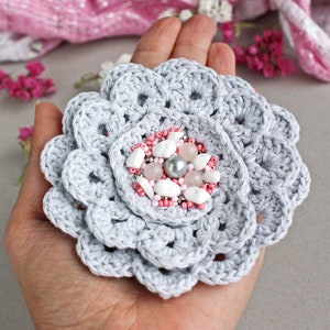 Grey pink large layered flower brooch for sweater Handmade retro styled beaded crochet pin