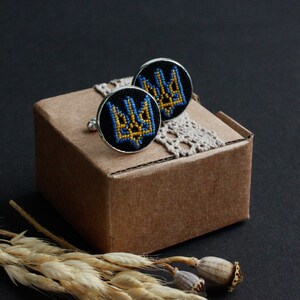 Ukrainian cufflinks coat of arms blue yellow Ukraine tryzub gift for father Patriotic cuff links trident