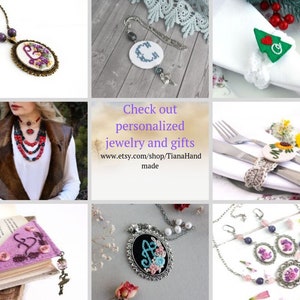 May include: A collage of images showcasing personalized jewelry and gifts. The images include a necklace with a floral embroidered pendant, a bookmark with a heart and floral embroidery, a set of earrings with floral embroidery, a napkin ring with a Christmas tree design, a napkin ring with a sunflower design, and a necklace with a floral embroidered pendant. The text "Check out personalized jewelry and gifts www.etsy.com/shop/TianaHand made" is displayed in the center of the collage.