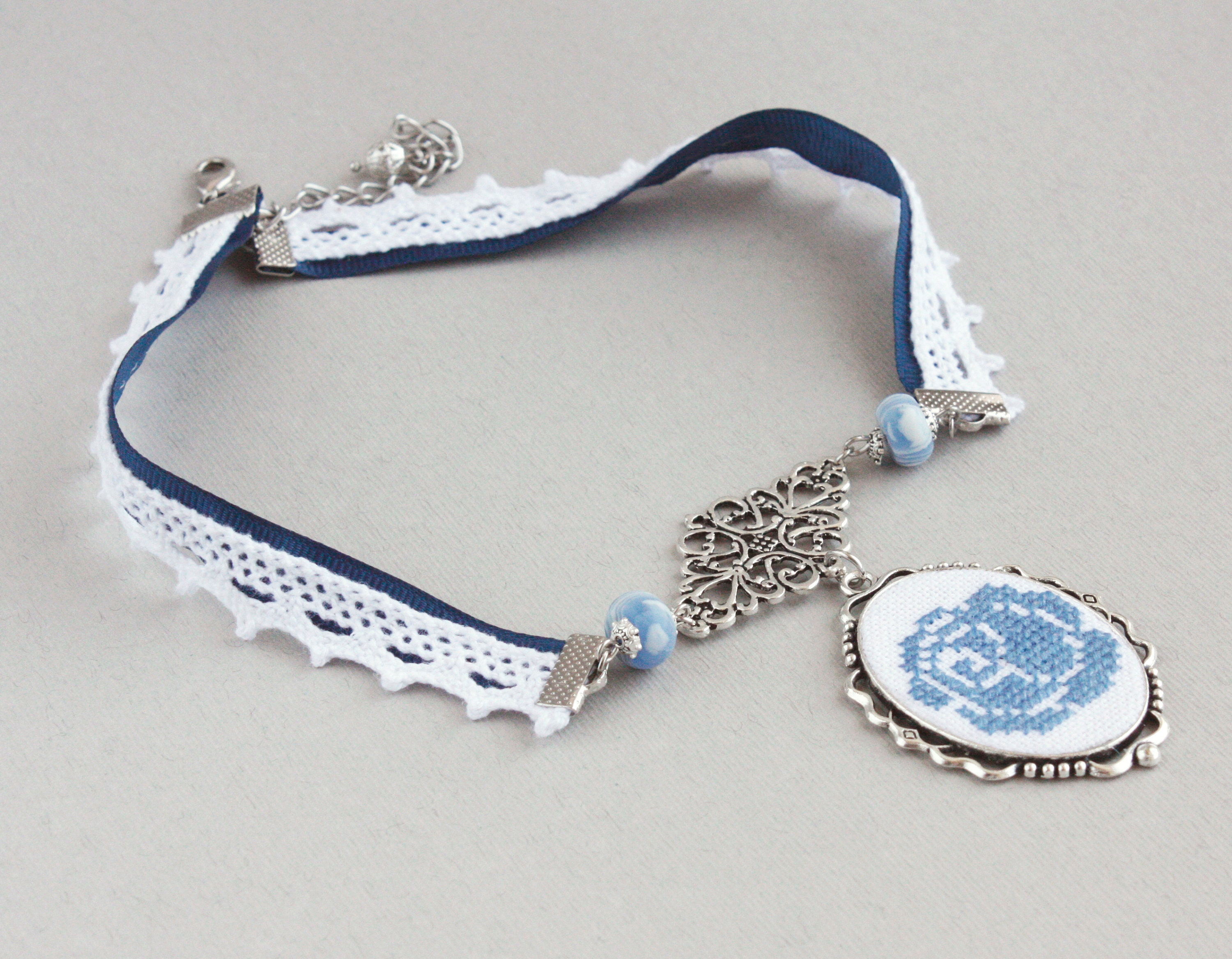 Dusty blue wedding jewelry set for bride White lace choker | Etsy