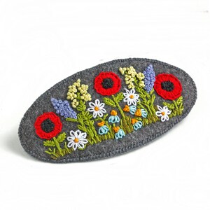 Large hair barrette for women Embroidered hair barrette for thick hair Wildflower hair clip Ukrainian gift Big oval clamp Poppy hair clasp image 4