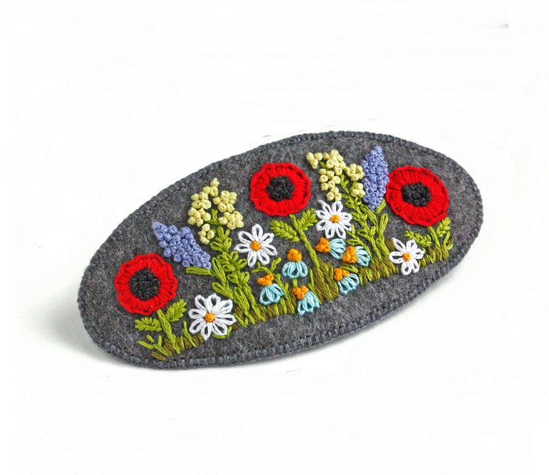 Large hair barrette for women Embroidered hair barrette for thick hair Wildflower hair clip Ukrainian gift Big oval clamp Poppy hair clasp image 4