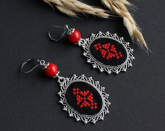 Ukrainian earrings Red coral earrings dangle Black red earrings geometric Long ethnic earrings Ukrainian jewelry gift for her