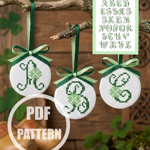 Calligraphy alphabet cross stitch pattern Irish clover font cross stitch counted PDF Shamrock Capital letter monograms retro vintage