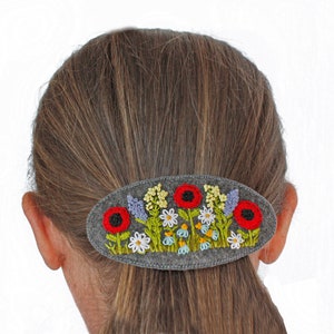 Large hair barrette for women Embroidered hair barrette for thick hair Wildflower hair clip Ukrainian gift Big oval clamp Poppy hair clasp image 5