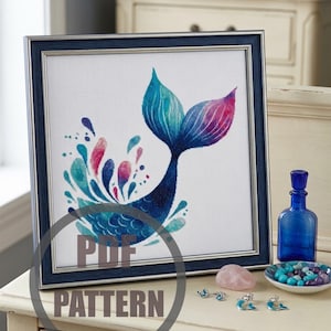 Mermaid tail cross stitch pattern Modern nautical ocean Xstitch chart counted Watercolor cross stitch fish whale tail Abstract teal pink