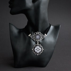 Modern Ukrainian dukach necklace Black white vyshyvanka and namysto accessory Black velvet choker with pendant