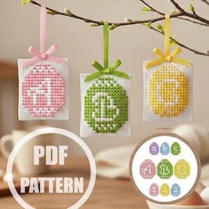 Mini paasei kruissteekpatroon lettertype hoofdletters kleine letters cijfer kruissteek klein ABC Pasen kruissteek alfabet paaskaart