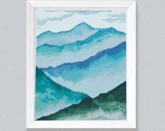 Watercolor mountains cross stitch pattern modern Landscape cross stitch abstract counted Full coverage nature scenery teal blue green chart