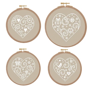 Petits coeurs Saint-Valentin motif moderne facile simple ornements romantiques cartes compté xstitch graphique primitif Hibou oiseau papillon