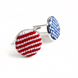 Handmade USA flag patriotic cufflinks for groomsmen 4th of july wedding accessories stars and stripes Unisex round cuff links Veterans day