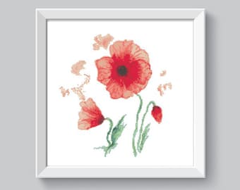 Red poppy cross stitch pattern Watercolor cross stitch pattern flower Xstitch Wildflower cross stitch PDF Water color cross stitch poppy