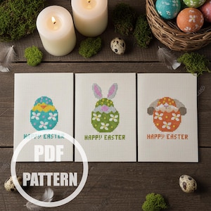 Fröhliche Ostereier Kreuzstichmuster Karten moderne Osterhasen Huhn und Schafe Kreuzstichvorlagen Ornamente Einfaches kleines Mini Design