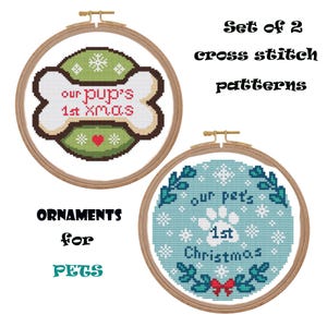 Our pets first Christmas ornament cross stitch pattern Pup Christmas xstitch chart counted PDF Modern Dog cat paw print and bone snowflake