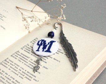 Personalized bookmark for men with gemstones Custom male teacher gift Navy blue metal bookmark with monogram Book warm gift for him