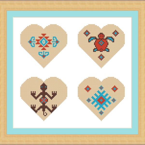 Southwestern cross stitch pattern mini geometric modern American cross stitch pattern turtle lizard Navajo cross stitch heart pdf sampler