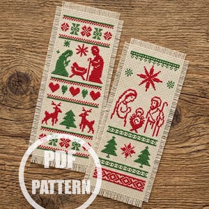 Kerstbladwijzer kruissteekpatroon modern religieus kerststal kruissteek Scandinavische geboorte van Jezus Christus Xstich PDF-ornament