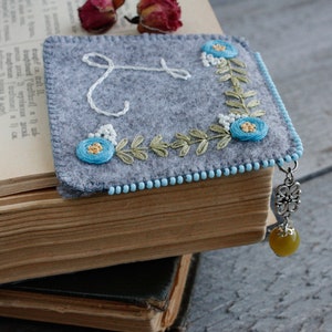 Personalized hand embroidered corner bookmark Scandinavian floral felt book mark with gemstone Handmade monogram bookmark floral yellow blue