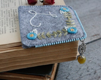 Personalized hand embroidered corner bookmark Scandinavian floral felt book mark with gemstone Handmade monogram bookmark floral yellow blue