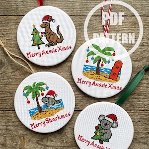Aussie Christmas cards cross stitch pattern mini Australian ornaments cross stitch modern easy Koala kangaroo shark palm surfboard beach