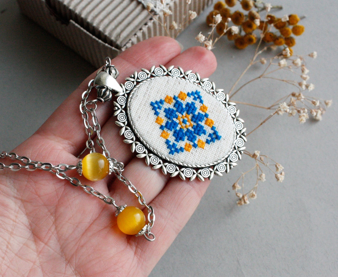 Folk Ukrainian Necklace Pendant Blue Yellow Ukrainian Jewelry Etsy