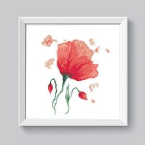 Rode klaproos kruissteekpatroon geteld moderne botanische xstitch-grafiek aquarel kruissteek wilde bloem realistisch één bloem pdf-download