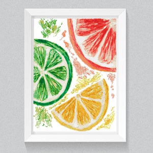 May include: A framed illustration of citrus fruit slices. The image features a lime, an orange, and a grapefruit, all cut in half and arranged in a decorative pattern.
