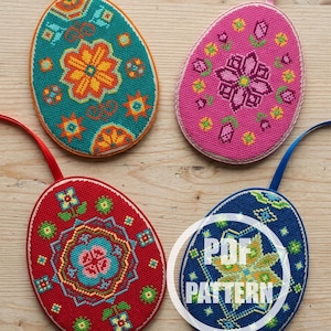 Patrón de punto de cruz de huevos de Pascua folclóricos escandinavos modernos y fáciles para tarjetas de Pascua y adornos. Patrón de punto de cruz contado para principiantes. Estilo primitivo cuáquero.
