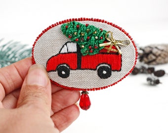 Christmas tree brooch pin Hand embroidered brooch Linen jewelry Christmas gift for sister in law Red truck jewelry Textile brooch for women