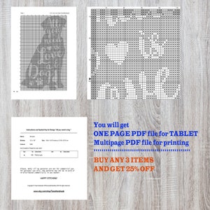 May include: Black and white cross stitch pattern of a dog with the text "All you need is love & a dog". The pattern is available as a one-page PDF file for tablets and a multi-page PDF file for printing.