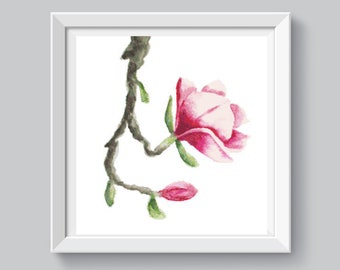 Realistic watercolor botanical flower cross stitch pattern Pink magnolia cross stitch modern Solid flower Xstitch floral PDF Oriental