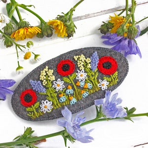 Large hair barrette for women Embroidered hair barrette for thick hair Wildflower hair clip Ukrainian gift Big oval clamp Poppy hair clasp image 7