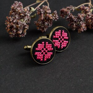 Hot pink black custom cufflinks for groomsman folk wedding Unique cuff links for women Handmade Ukraine vyshyvanka accessory