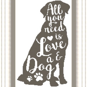 All you need is love cross stitch pattern Simple modern count cross stitch chart Dog silhouette Xstitch Easy one color pattern PDF download image 8