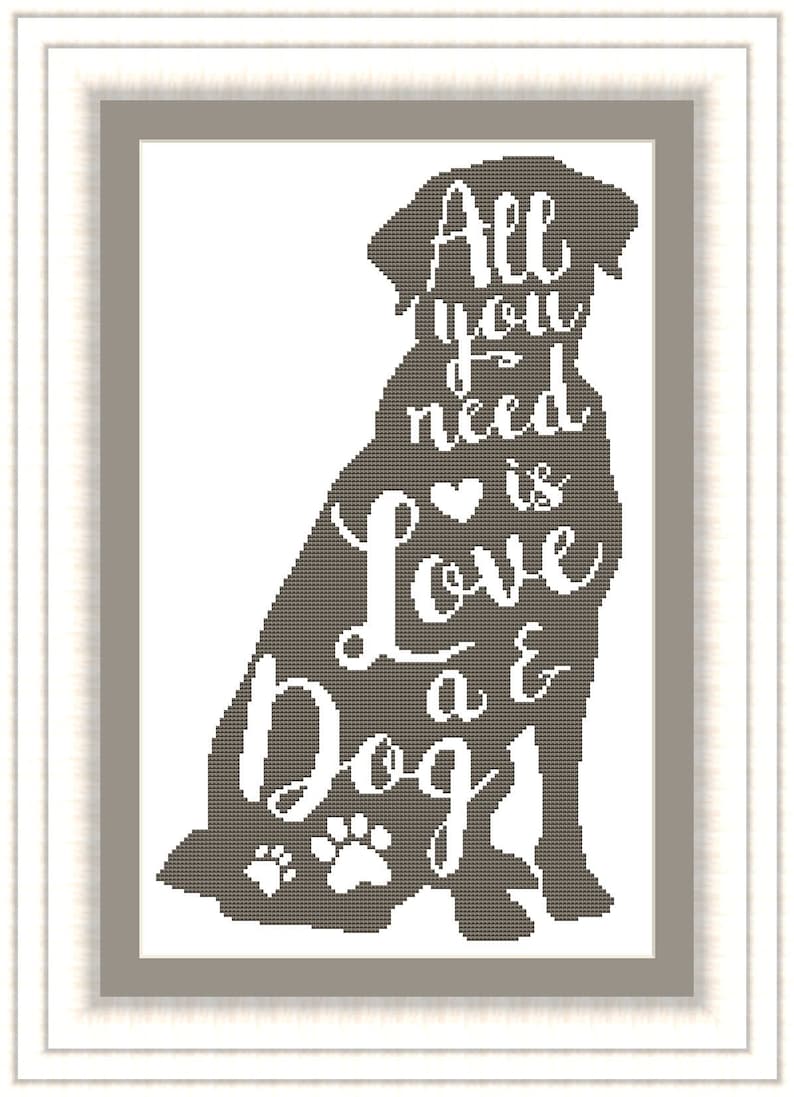 All you need is love cross stitch pattern Simple modern count cross stitch chart Dog silhouette Xstitch Easy one color pattern PDF download image 8