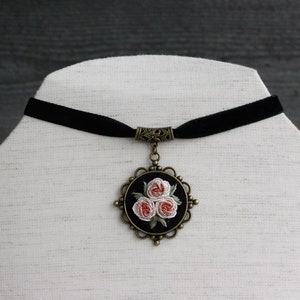 Rococo black ribbon necklace with cameo pendant Floral royalcore black choker for women Blush pink handmade Victorian roses necklace