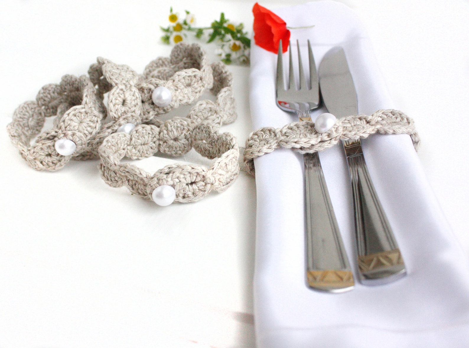 Simple Linen Napkin Rings With Pearl Buttons Rustic Wedding Etsy